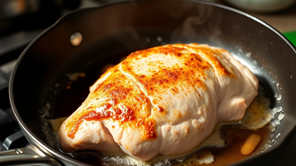 process: turkey breast tenderloin searing in a hot skillet with butter and oil, golden crust forming, steam rising, professional kitchen setting, natural lighting