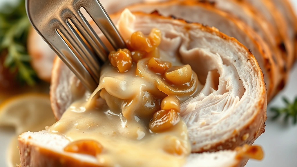 detail: close-up of perfectly cooked turkey slice showing tender, moist interior with creamy sauce and caramelized onions, fork cutting through meat, warm natural light, macro photography