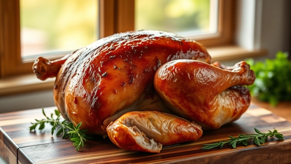 hero: whole smoked turkey with beautiful mahogany skin, resting on a wooden carving board, fresh herbs garnish, natural window light, warm tones, no text