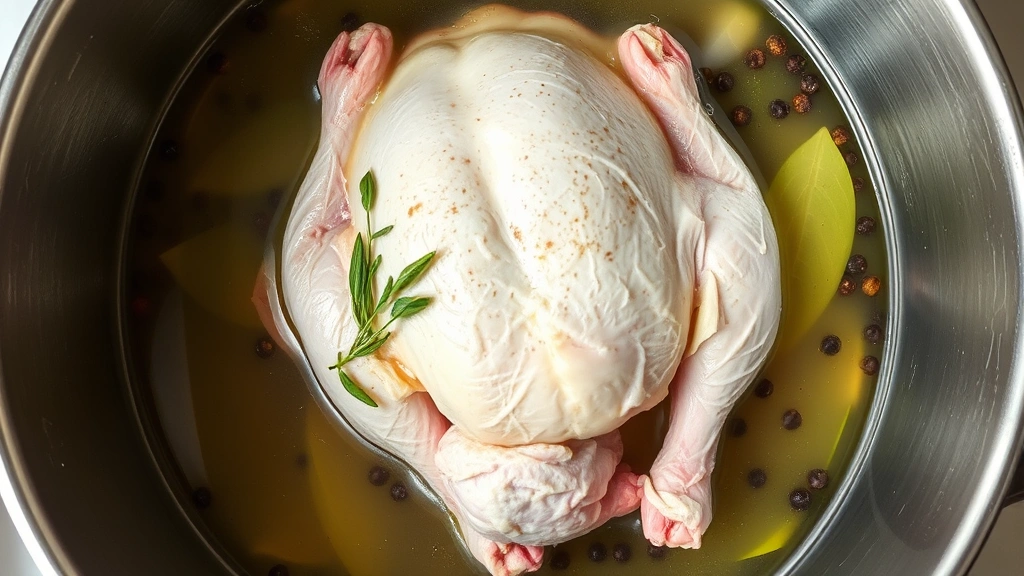 process: turkey submerged in clear brine liquid with visible bay leaves, peppercorns, and aromatics in a large stainless steel pot, overhead shot, natural light, no text