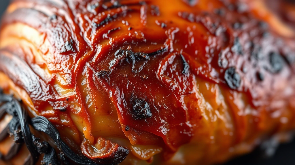 detail: close-up of perfectly smoked turkey skin with crispy mahogany exterior, visible smoke ring, shallow depth of field, warm natural lighting, no text