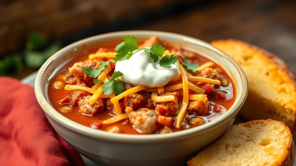 hero: steaming bowl of vibrant turkey chili topped with melted cheddar cheese, fresh cilantro, and sour cream, served with warm cornbread on the side, photorealistic, natural warm lighting, no text, appetizing presentation