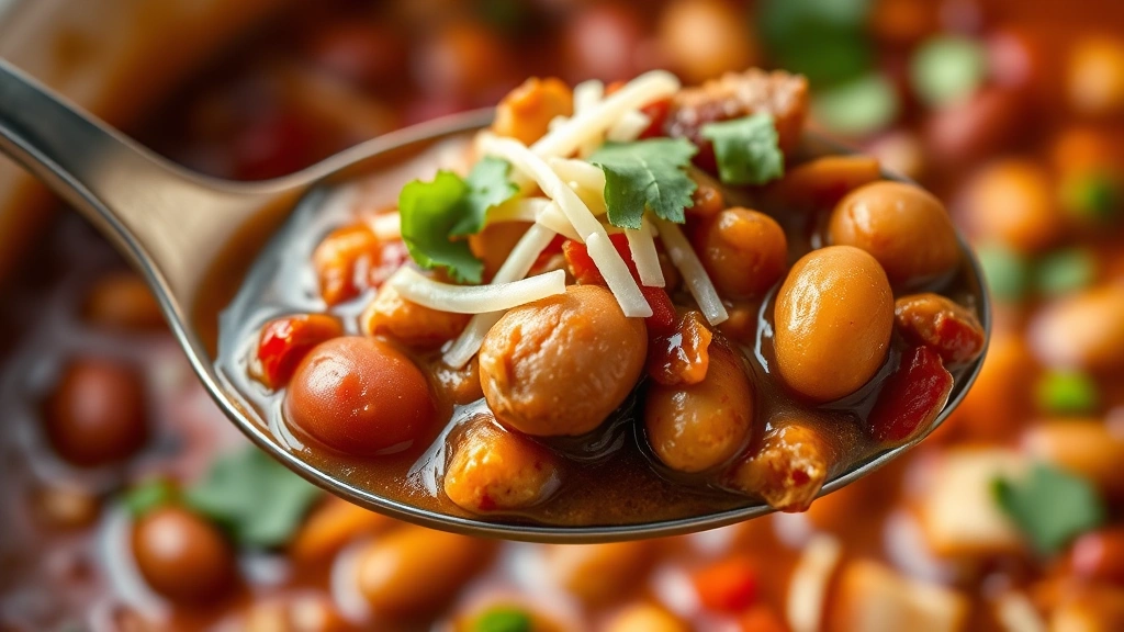 detail: close-up spoonful of turkey chili with visible beans, tender turkey, rich sauce, topped with cheese and cilantro, photorealistic, natural warm lighting, no text, macro photography