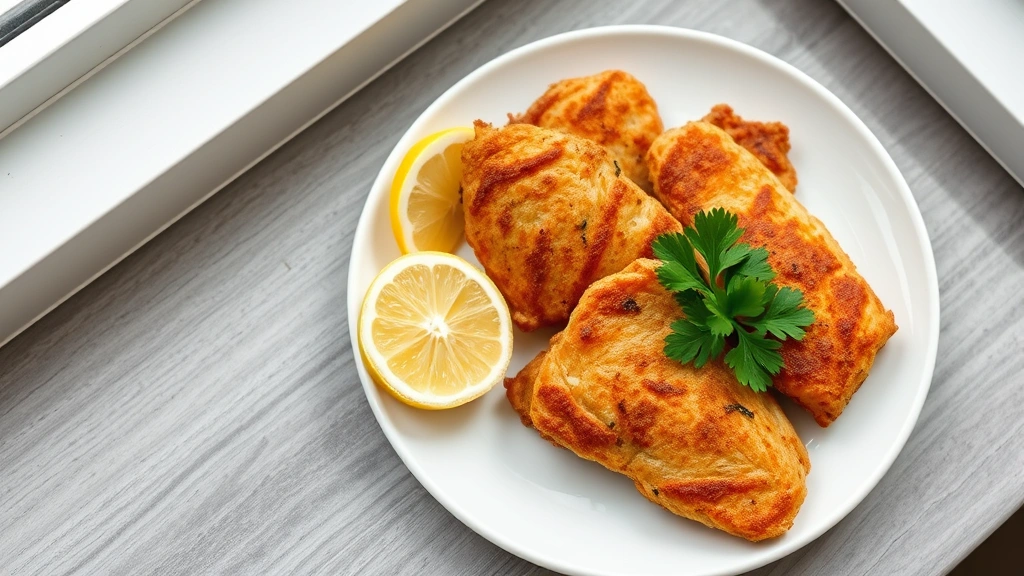 hero: golden-brown crispy turkey cutlets on white plate with fresh lemon wedges and parsley garnish, natural window light, no text, overhead angle, professional food photography