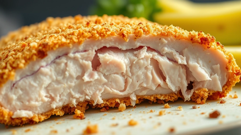 detail: close-up cross-section of cooked turkey cutlet showing crispy golden breadcrumb coating contrasting with juicy white turkey meat inside, shallow depth of field, natural light, no text