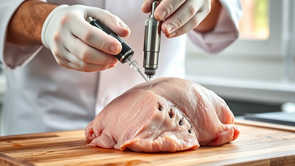 process: chef using stainless steel meat injector on raw turkey breast, close-up of injection technique, bright natural window light, no people visible, no text