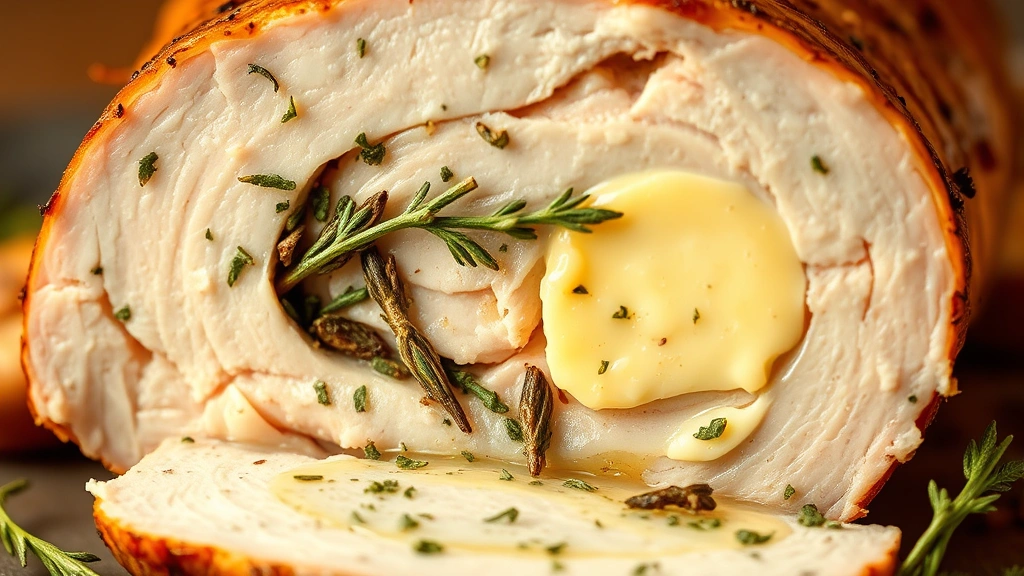 detail: cross-section of injected turkey meat showing herb-infused interior, macro photography with herbs visible in butter, warm studio lighting, no text or branding