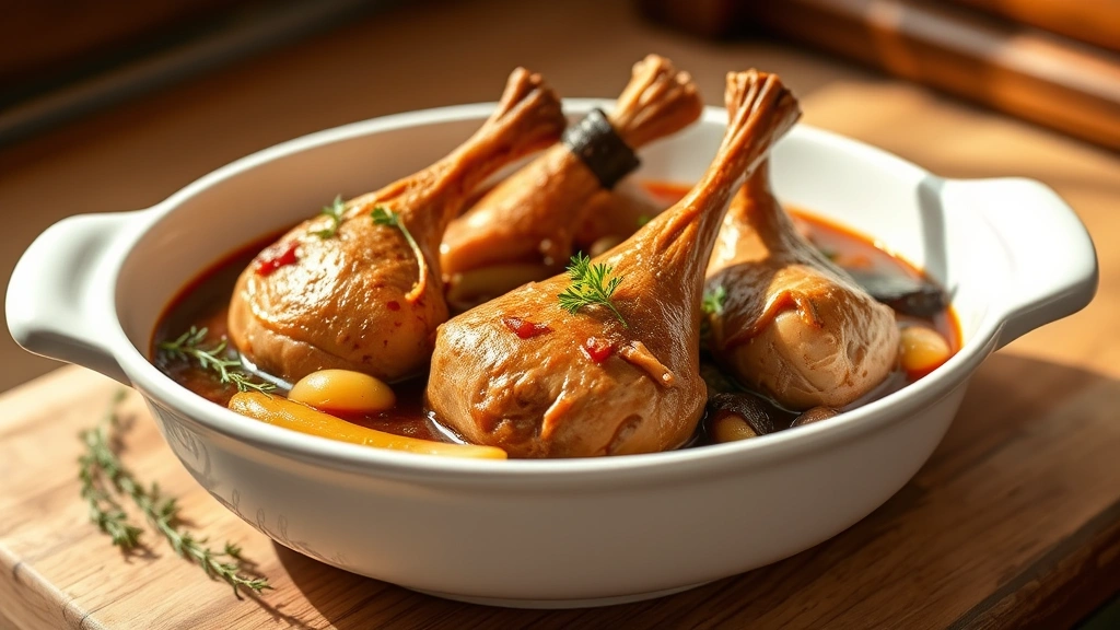 hero: perfectly braised turkey necks in rich wine sauce with vegetables in a white ceramic bowl, photorealistic, warm natural window light, garnished with fresh thyme and parsley, no text