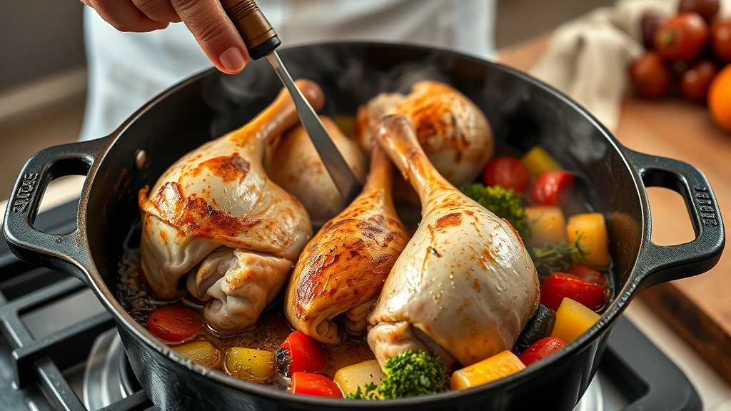 process: chef browning turkey necks in cast iron Dutch oven with visible golden crust, vegetables and wine being added, steam rising, photorealistic, natural kitchen light, no text