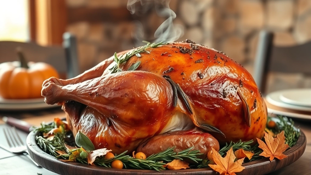 hero: perfectly roasted turkey with mahogany skin covered in herb rub, fresh thyme and sage garnish, steam rising, photographed on rustic wooden table with autumn table setting, warm natural window light, no text