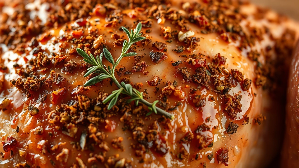 detail: extreme close-up of turkey skin with herb rub showing paprika color, fresh thyme and sage sprigs, texture detail of spices on crispy skin, macro photography, warm backlighting, no text