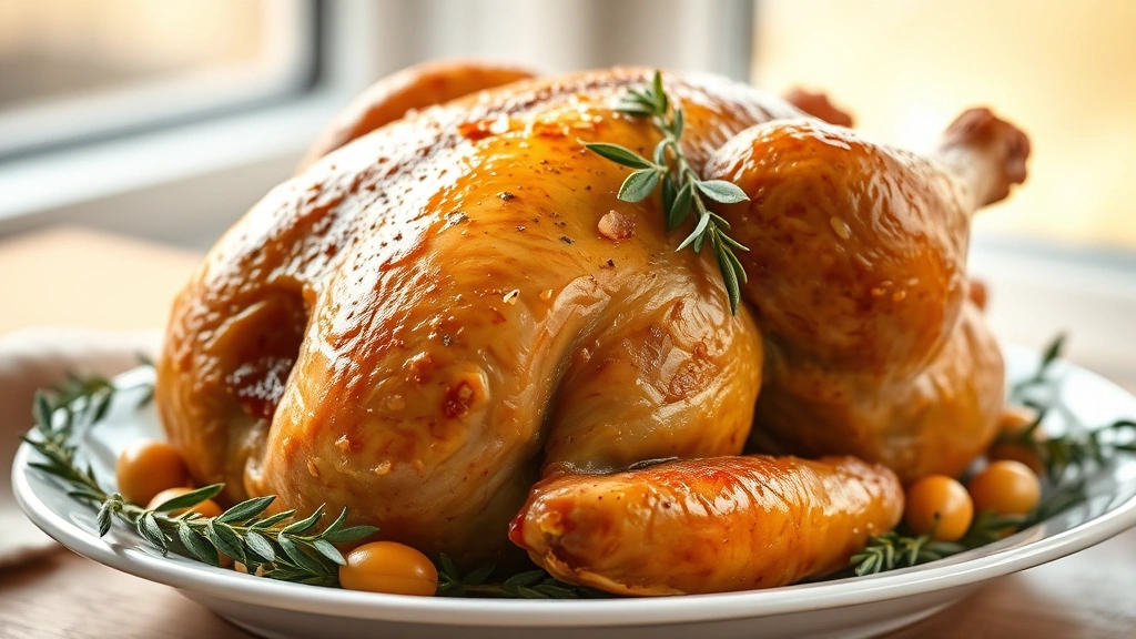 hero: golden-brown perfectly roasted turkey on white platter, garnished with fresh sage and thyme sprigs, photorealistic, warm natural window light, no text