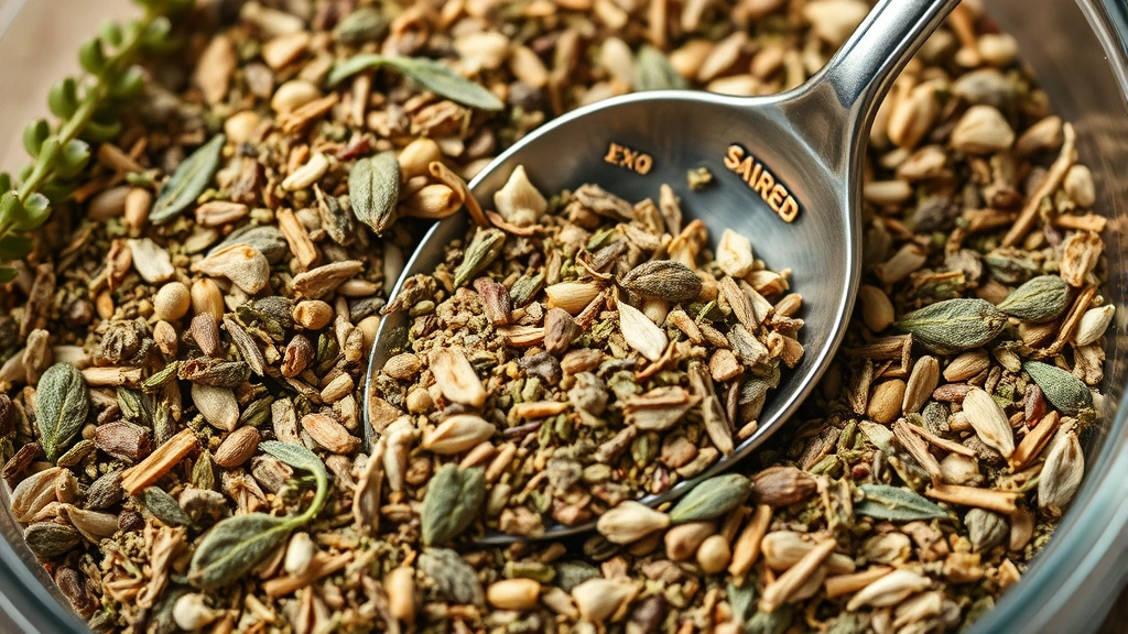 detail: close-up of dried herb and spice blend in glass bowl with silver spoon, showing texture of sage and thyme, photorealistic, natural daylight, no text