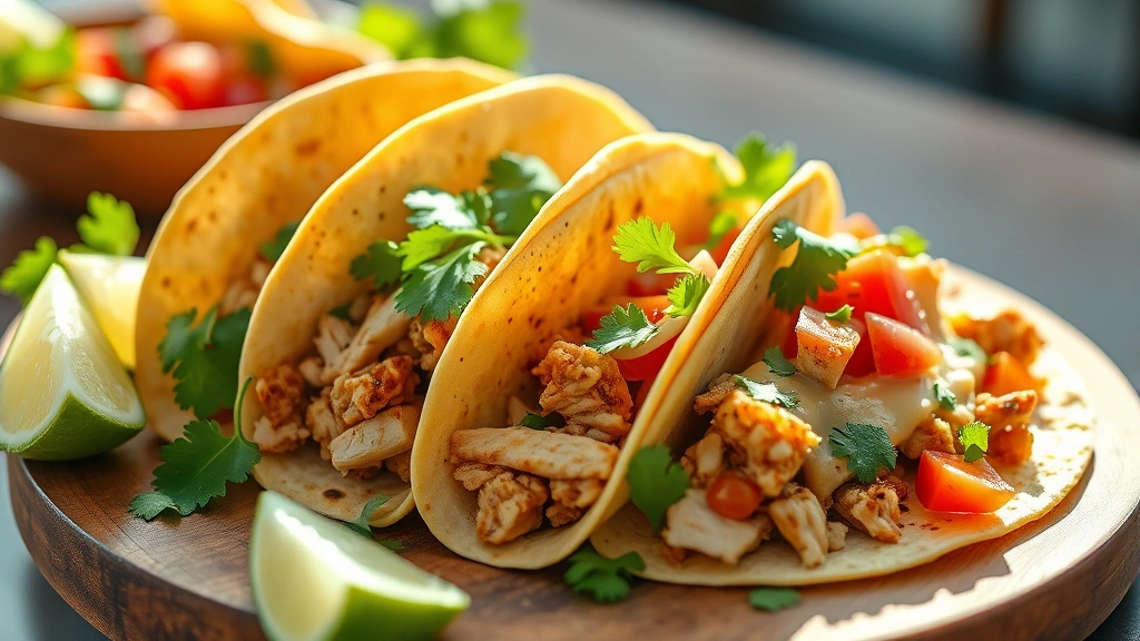 hero: delicious turkey tacos with fresh toppings, cilantro, lime wedges, corn tortillas, photorealistic, natural daylight streaming in, vibrant colors, no text