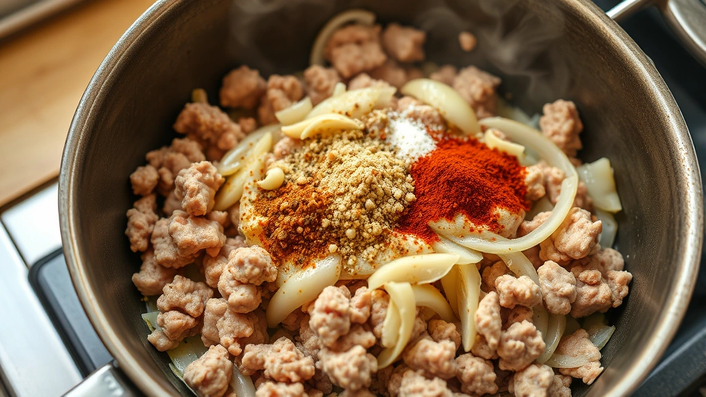 process: ground turkey cooking in skillet with onions and garlic, steam rising, spices being added, dynamic cooking action, photorealistic, warm kitchen lighting, no text