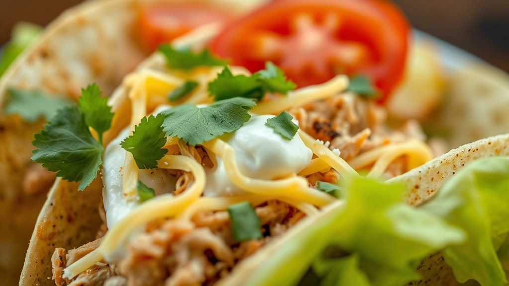 detail: close-up of seasoned turkey taco with shredded cheese, sour cream, cilantro, fresh tomatoes, crispy lettuce, photorealistic, shallow depth of field, natural light, no text