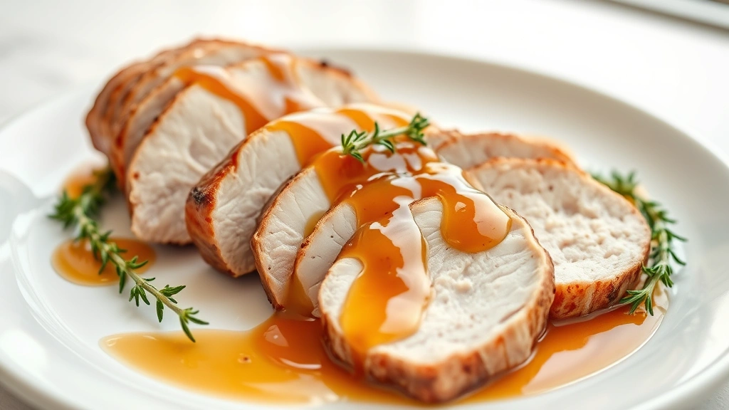 hero: sliced turkey tenderloin arranged on white plate with glossy pan sauce drizzled over top and fresh thyme garnish, photorealistic, natural window light, no text, professional food photography styling