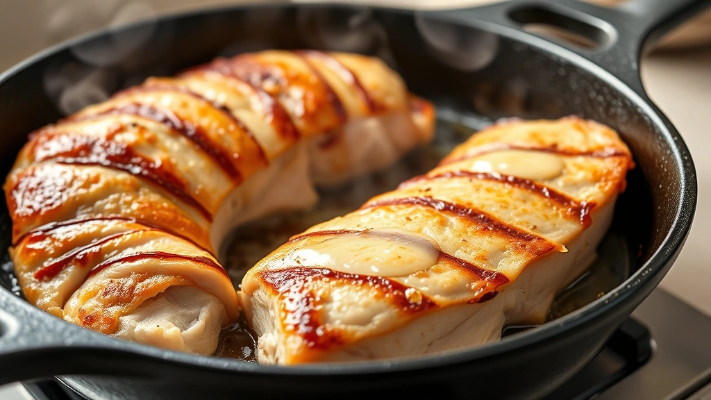 process: golden-brown turkey tenderloin searing in cast iron skillet with butter and garlic, steam rising, photorealistic, natural light, no text, kitchen counter setting