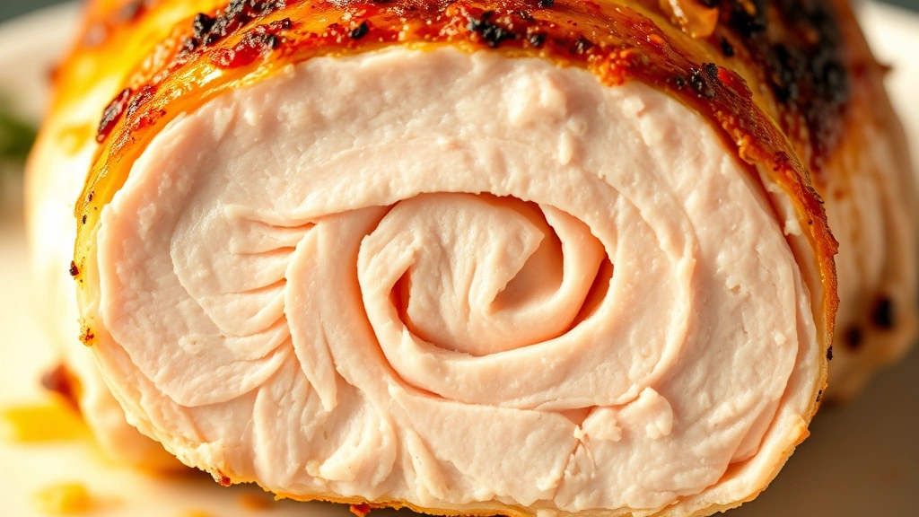 detail: close-up cross-section of perfectly cooked turkey tenderloin showing tender pink interior with golden exterior crust, photorealistic, macro photography, natural light, no text
