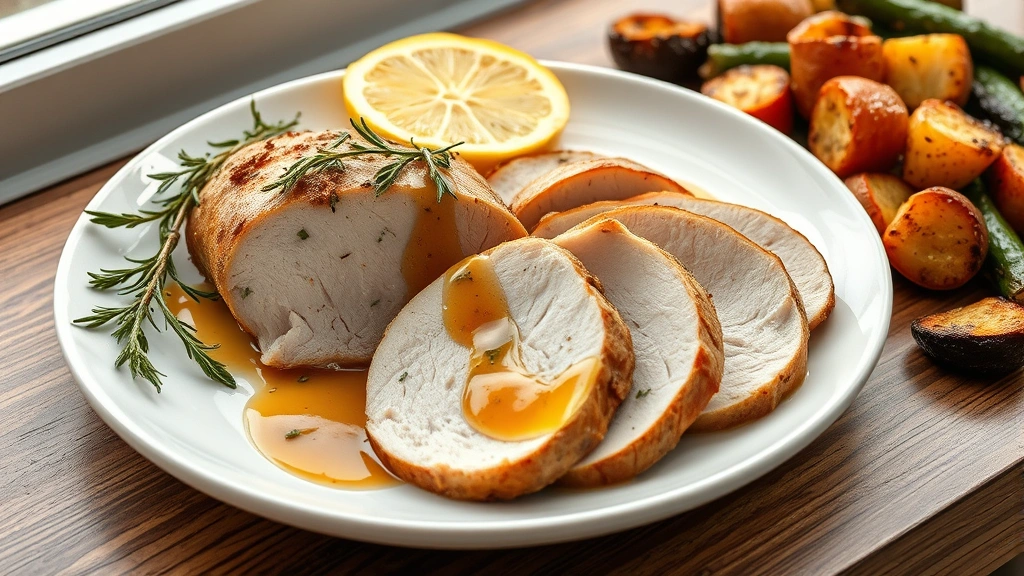 hero: sliced turkey tenderloin on white plate with herbs and lemon, pan sauce drizzled over, roasted vegetables on the side, photorealistic, natural window light, no text