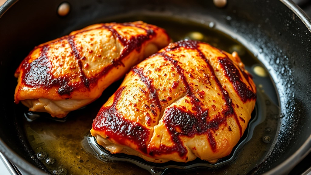 process: searing turkey tenderloin in cast iron skillet with golden brown crust, oil sizzling, close-up side view, photorealistic, bright kitchen lighting, no text