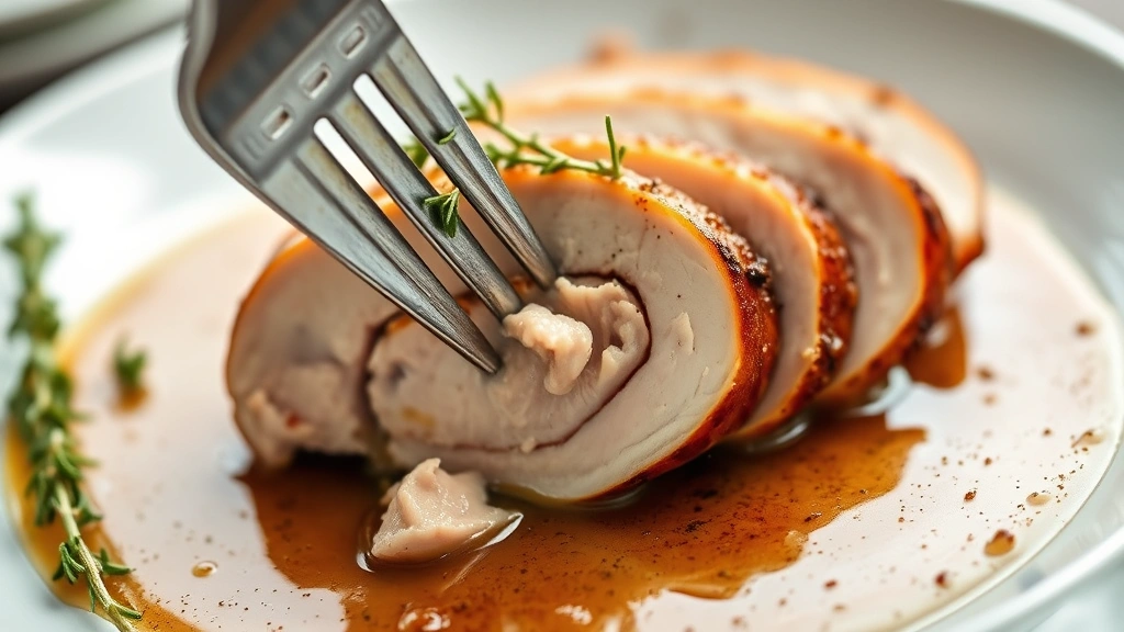 detail: close-up of sliced turkey tenderloin showing juicy interior, fresh thyme garnish, glossy pan sauce, fork in frame, photorealistic, soft natural light, no text