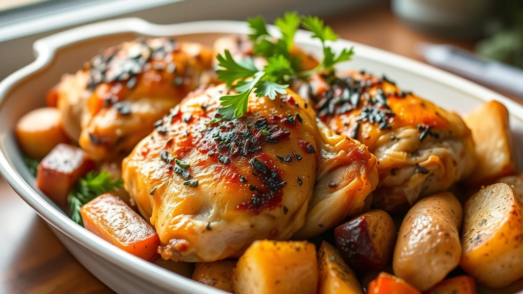 hero: golden-brown roasted turkey thighs with crispy herb-butter skin, surrounded by roasted root vegetables and fresh herbs, plated on white ceramic dish, warm natural window light, shallow depth of field, garnished with fresh parsley