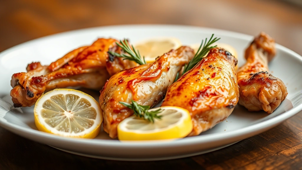 hero: perfectly roasted turkey wings with crispy golden skin, garnished with fresh rosemary and lemon wedges, served on a white plate with warm lighting from the left side, shallow depth of field, food photography style