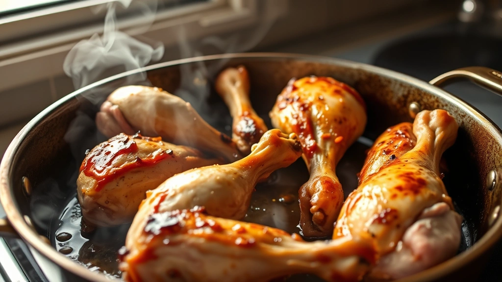 process: turkey wings in roasting pan mid-cook with visible browning and caramelization, steam rising slightly, natural kitchen lighting through window, professional culinary photography
