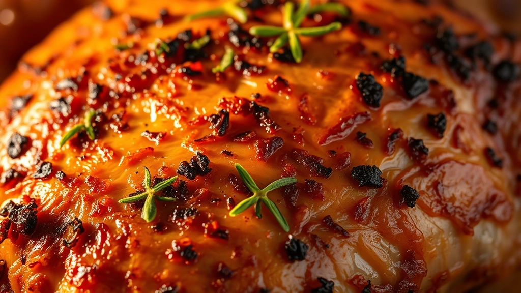 detail: close-up of crispy turkey skin showing texture and color, garnished with fresh herbs, warm golden hour lighting, shallow depth of field highlighting the quality of the skin, gourmet food photography