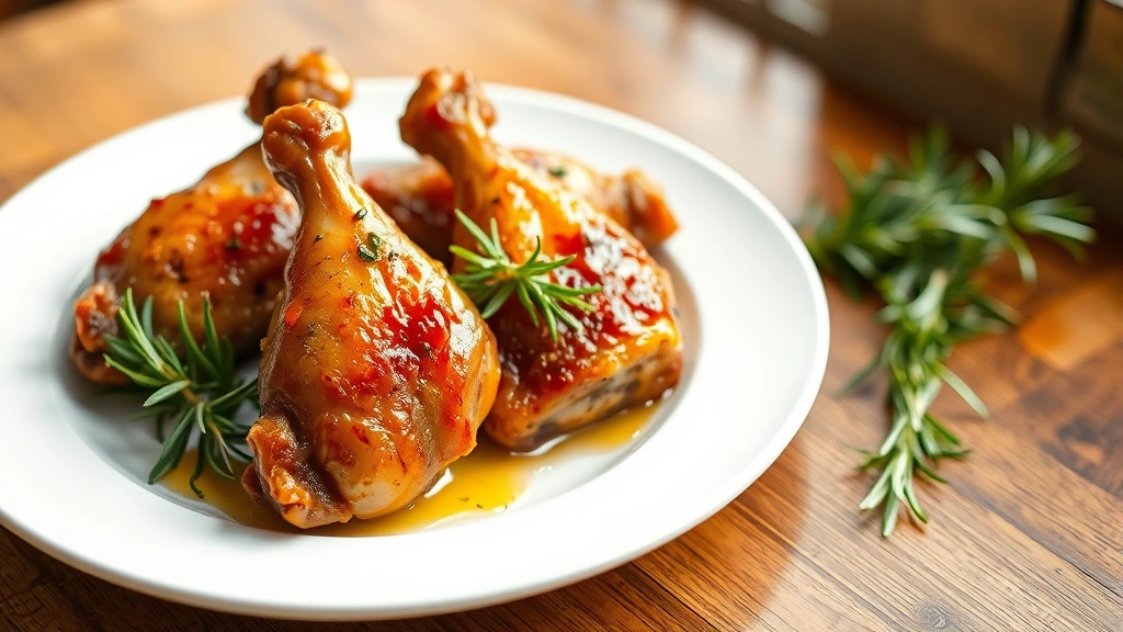 hero: roasted turkey wings with crispy golden brown skin, herb butter glaze, fresh rosemary garnish, on white plate, warm natural window light, shallow depth of field, no text