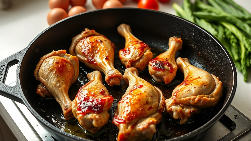 process: pan-searing turkey wings skin-side down in cast iron skillet, sizzling, golden crust forming, aromatic vegetables in background, kitchen counter natural light, no text