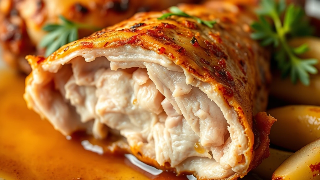detail: close-up cross-section of turkey wing showing crispy skin and tender juicy meat, pan sauce dripping, fresh herb garnish, macro photography, warm lighting, no text