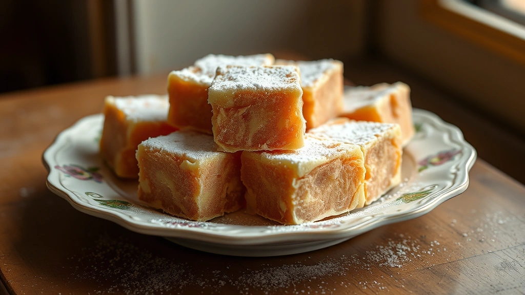 hero: golden-pink Turkish delight squares dusted with powdered sugar and cornstarch, arranged on a vintage ceramic plate, soft warm natural window light, shallow depth of field, no text