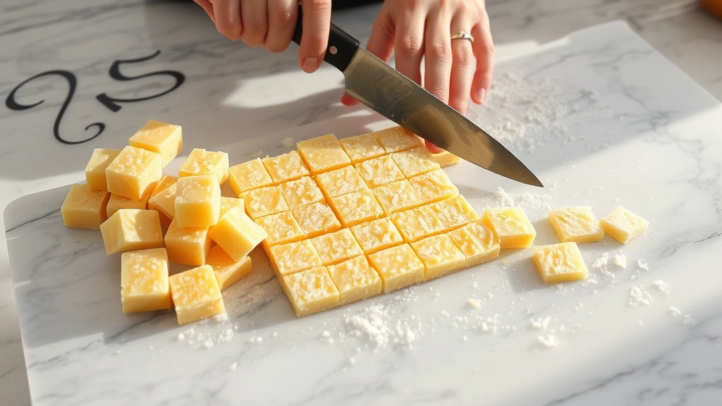 process: hand cutting Turkish delight into squares with a hot wet knife on marble countertop, steam rising, natural overhead lighting, no text