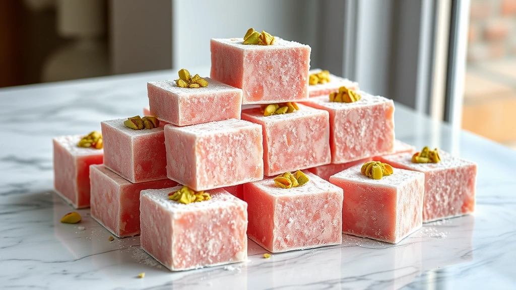 hero: Turkish delight cubes dusted with powdered sugar and cornstarch, rose-tinted pink color, garnished with crushed pistachios on top, arranged in elegant pyramid on marble surface, photorealistic, natural window light, no text
