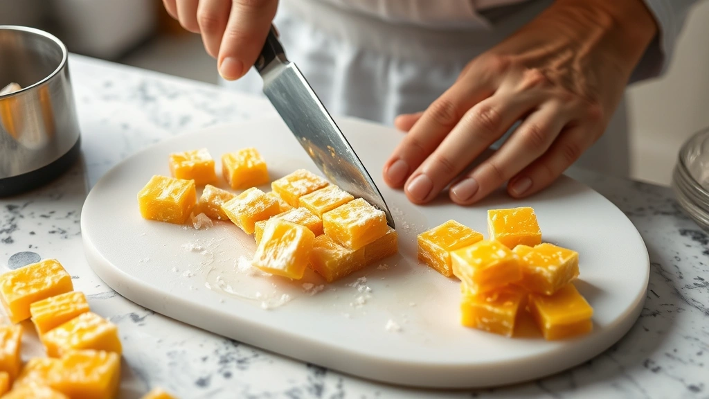 process: hands cutting Turkish delight with oiled knife on cutting board, golden candied squares visible, kitchen counter setting, photorealistic, natural light, no text