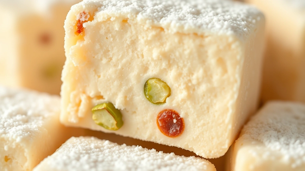 detail: close-up macro of single Turkish delight cube showing smooth interior texture with pistachio pieces visible, powdered sugar coating detail, photorealistic, warm natural light, no text