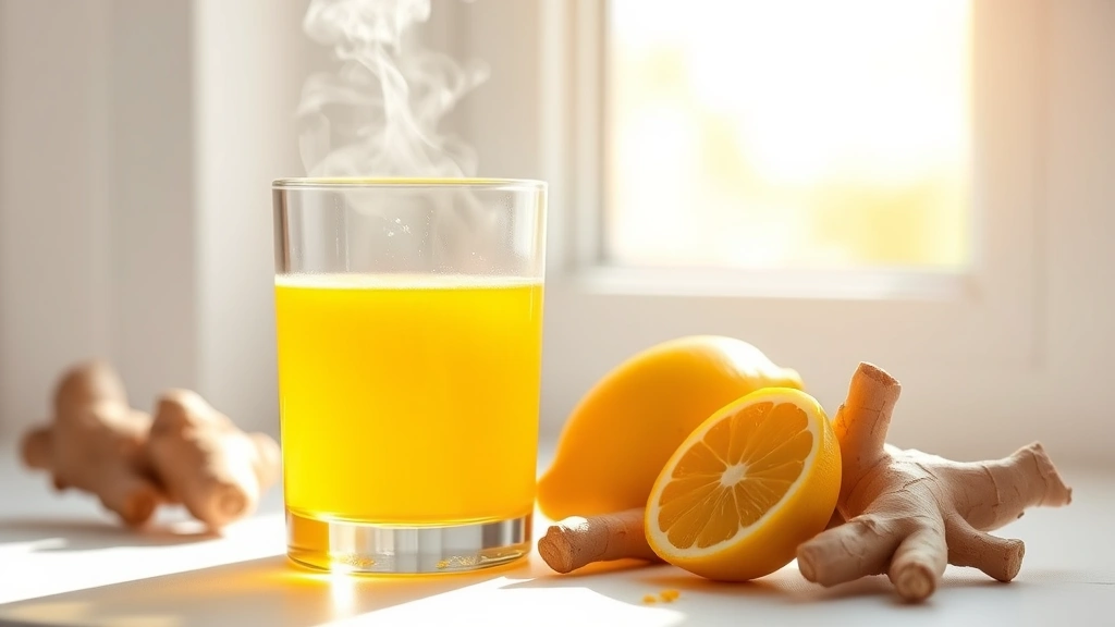 hero: golden turmeric wellness shot in clear glass, vibrant yellow liquid, fresh ginger root and lemon beside it, natural morning sunlight streaming through window, minimalist white background, steam rising slightly