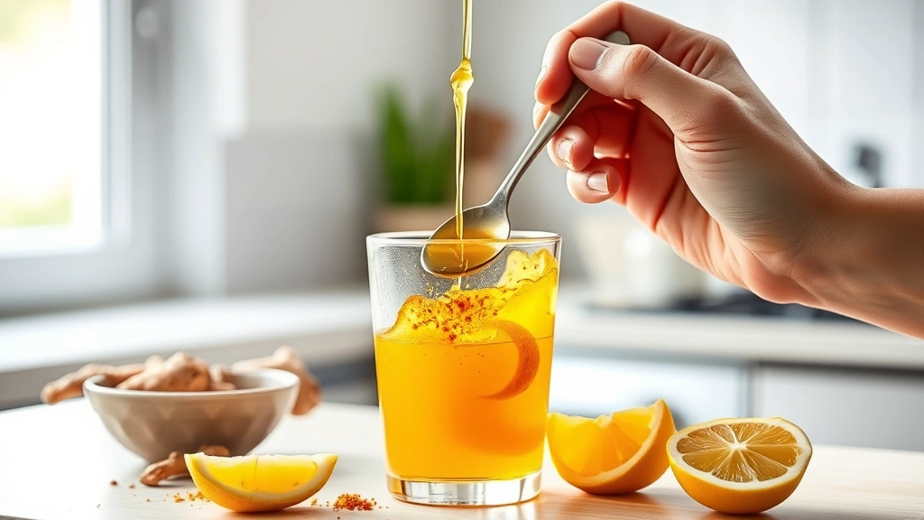process: pouring warm honey into glass with turmeric and ginger, golden liquid swirling, hands stirring with small spoon, fresh lemon halves nearby, bright kitchen setting, natural window light
