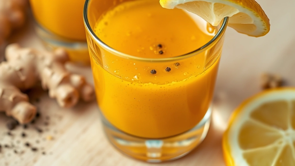 detail: close-up of finished turmeric shot showing rich golden color, small bubbles on surface, fresh ginger shreds visible, sprinkle of black pepper, shot glass on light wooden surface with lemon wedge