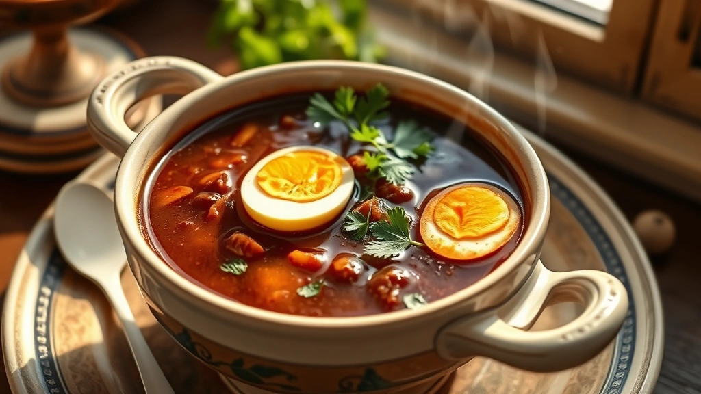 hero: steaming bowl of rich dark brown turtle soup garnished with fresh parsley and hard-boiled eggs, vintage serving bowl, elegant presentation, photorealistic, warm natural light from window, no text