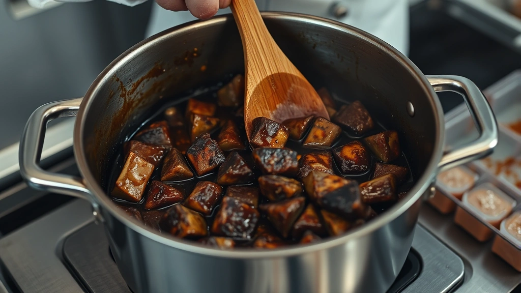 process: chef browning chunks of turtle meat in heavy pot with caramelized surface, wooden spoon stirring, professional kitchen, photorealistic, natural light, no text