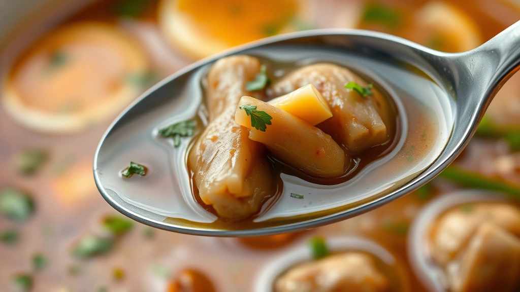 detail: close-up spoonful of turtle soup with visible tender meat pieces and rich broth, garnish of fresh herbs and eggs visible, photorealistic, natural lighting, no text