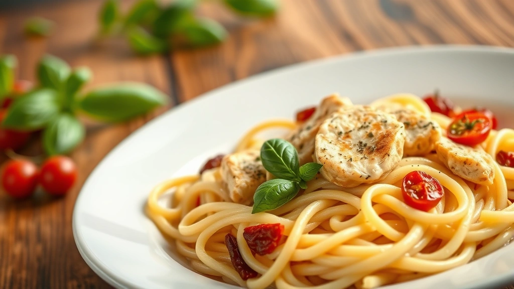 hero: elegant plate of creamy Tuscan chicken pasta with sun-dried tomatoes and fresh basil garnish, creamy sauce coating fettuccine noodles, soft warm lighting, rustic wooden table background, no text