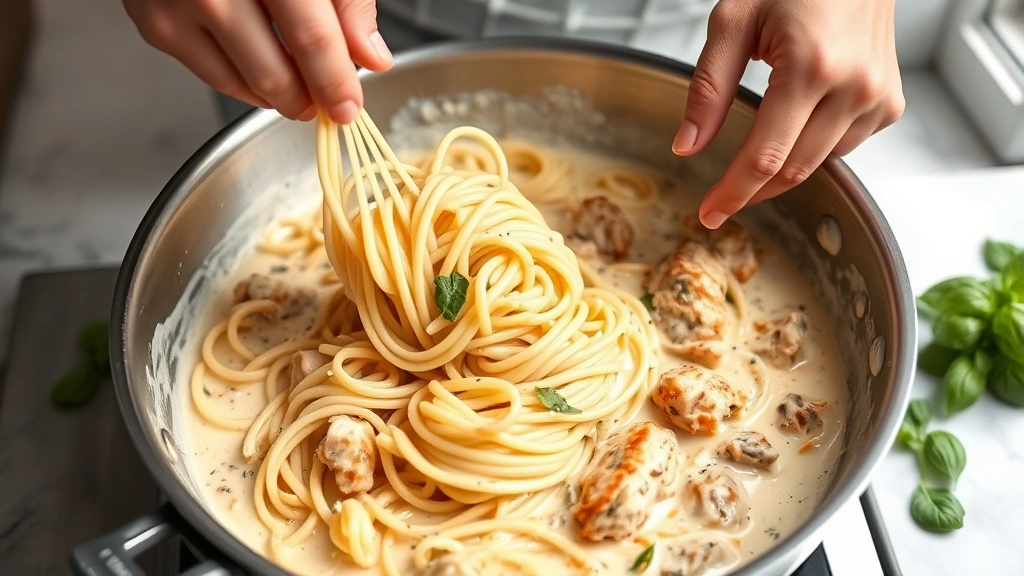 process: chef's hands tossing pasta in creamy sauce in stainless steel skillet, golden chicken pieces visible, fresh basil leaves, kitchen counter setting, natural window light, no text