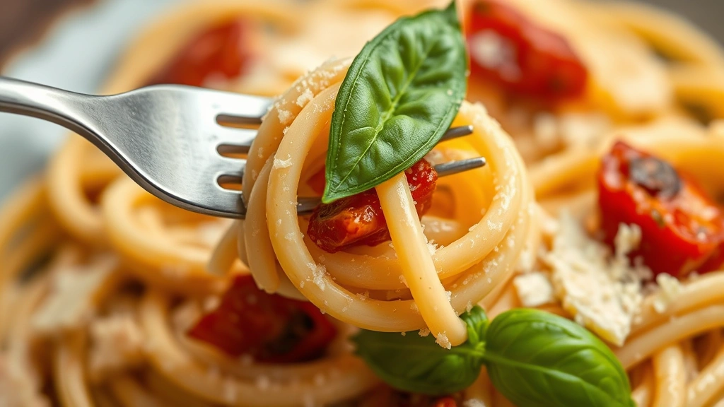 detail: close-up macro shot of fork twirling creamy pasta with sun-dried tomato pieces and fresh basil leaf, Parmesan cheese visible, shallow depth of field, warm diffused lighting, no text