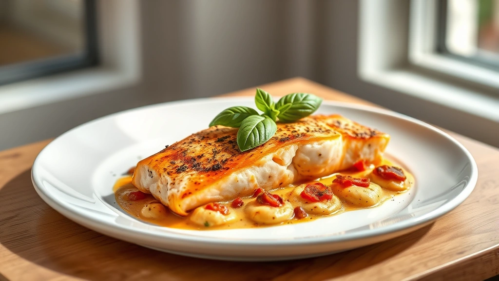 hero: plated tuscan salmon fillet with creamy sun-dried tomato sauce and fresh basil garnish on white plate, photorealistic, natural window lighting, no text, elegant presentation