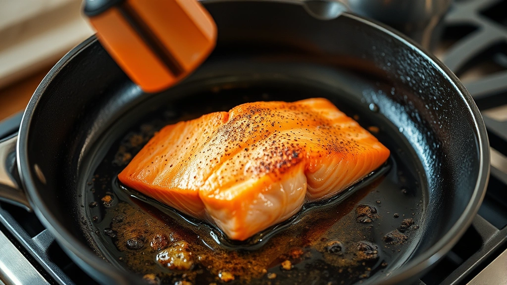 process: salmon fillet being seared in cast iron skillet with golden crust, photorealistic, warm natural light, no text, showing technique