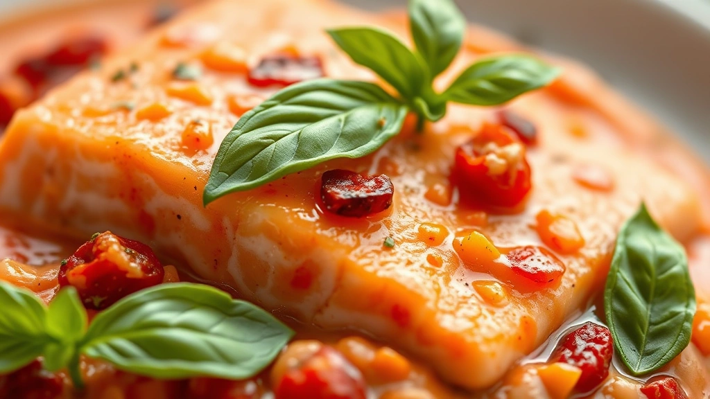 detail: close-up of creamy sun-dried tomato sauce with fresh basil leaves and salmon, photorealistic, macro photography, natural light, no text, shallow depth of field